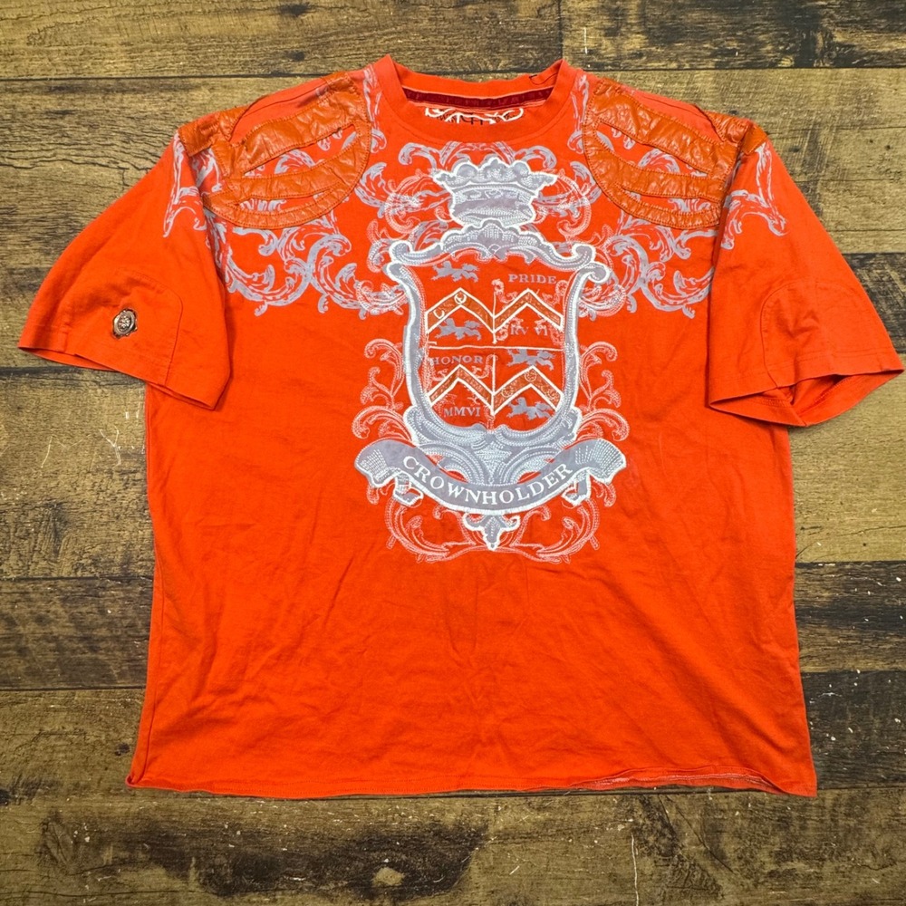 Crownholder Men Orange Graphic T Shirt Crest Logo Short Sleeve Tee Size XL